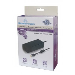 POWERTECH φορτιστής laptop PT-118 για LENOVO, 90 watt, 20V - 4.5A, μαύρος