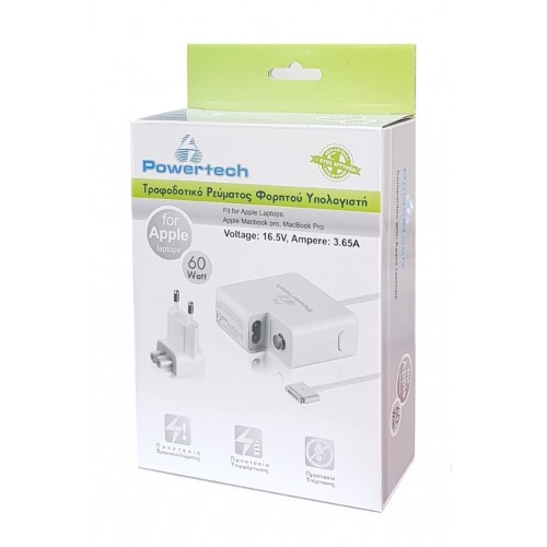 POWERTECH φορτιστής laptop PT-289 για Apple, 60W, 16.5V/3.65A, λευκός